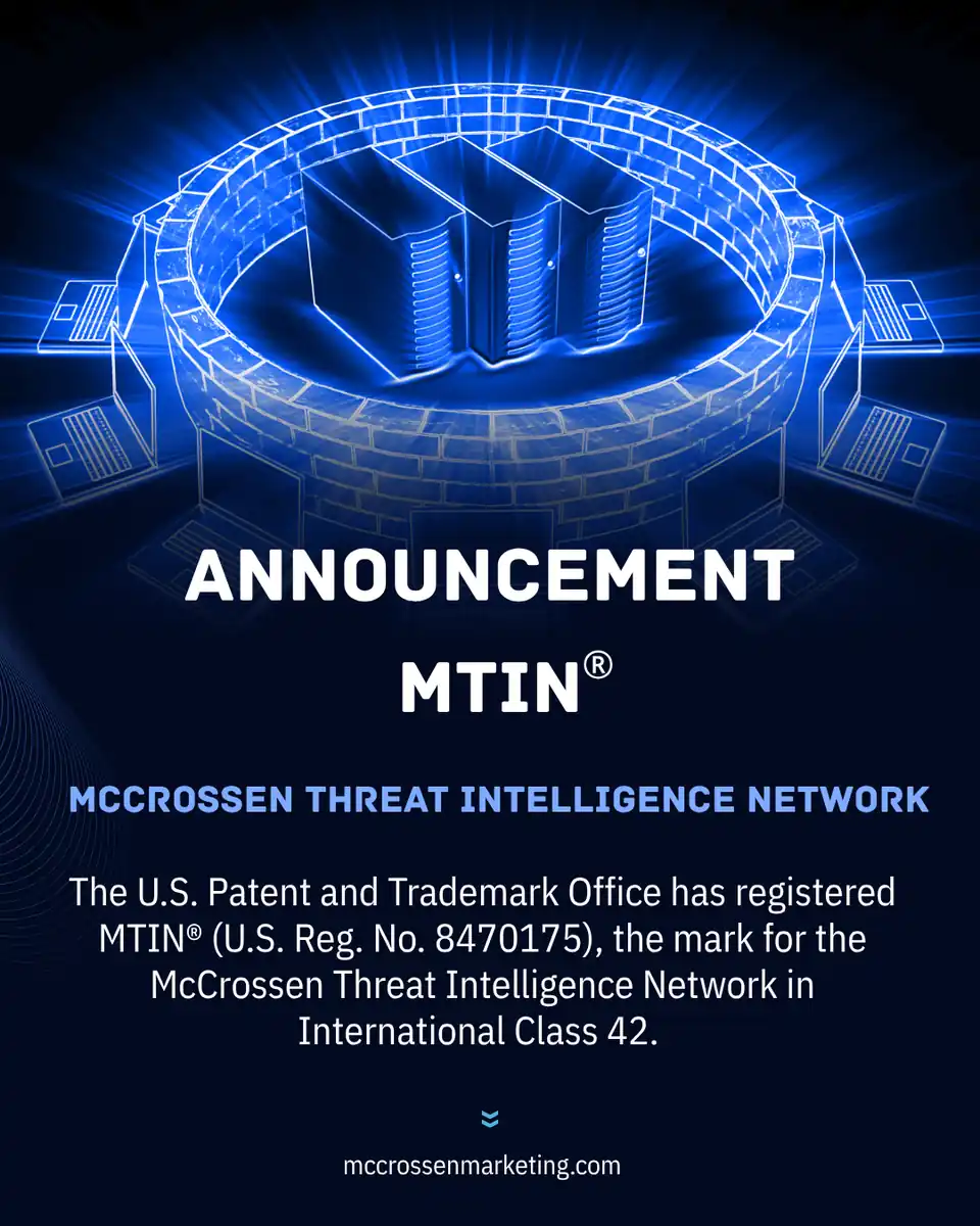 MTIN® registered trademark announcement: McCrossen Threat Intelligence Network, U.S. Reg. No. 8470175, International Class 42